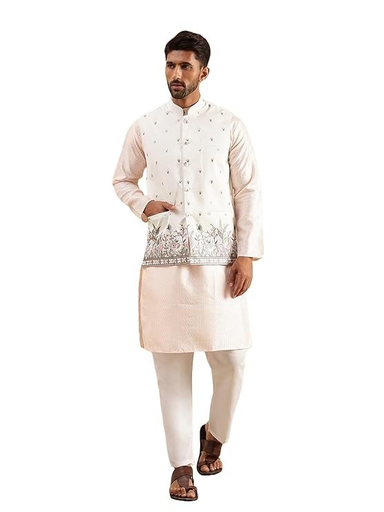 1-6.jpg SOJANYA Men's Silk Blend Pink Kurta & White Pyjama With Daman Embroidered Nehru Jacket - Image 1