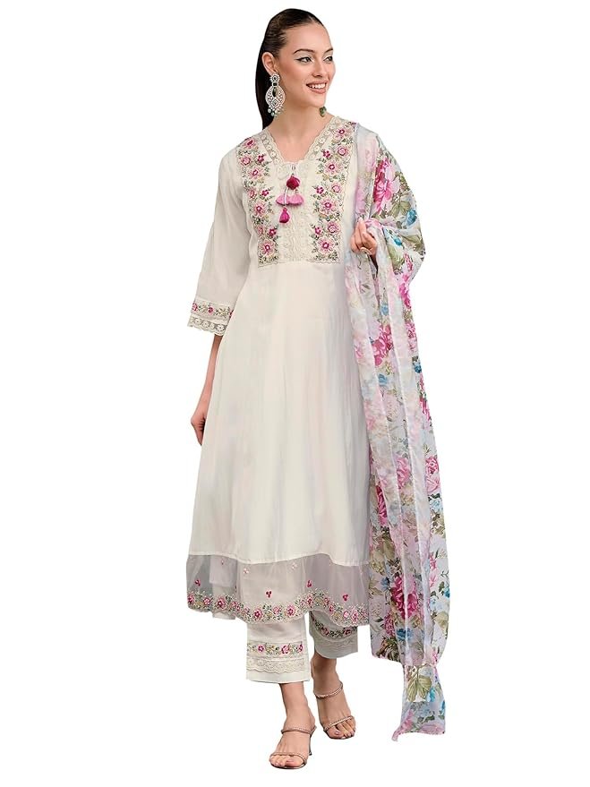 10-1-2.jpg INDO ERA Women's Silk Blend Embroidered A-Line Kurta Pant with Dupatta Set - Image 1