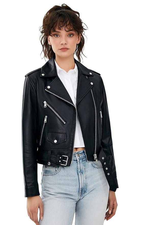 10-4.jpg Women's Black Leather Biker Jacket with Zippers and Pockets|Premium Women’s Leather Moto Jacket for Winter – Trendy & Warm|Perfect Winter Style Soft & Durable - Image 1