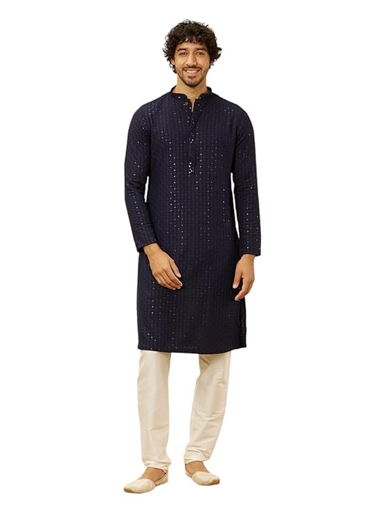 10-7.jpg Manyavar Men's Viscose Chikankari Kurta Pyjama Set - Image 1