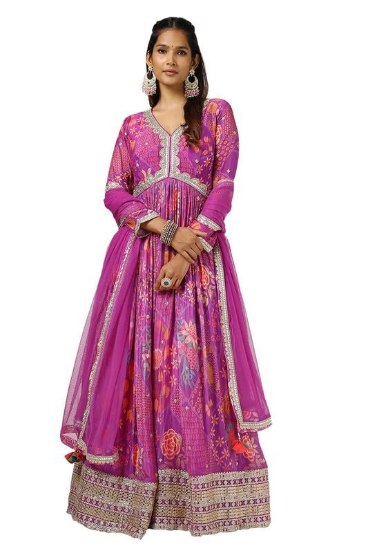 13-2-1.jpg Soch Womens Purple Viscose Crepe Floral Print Gown with Gotta Patti - Image 1