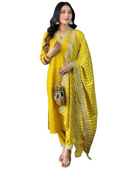 Naixa Women's Rayon Cotton Lining Embroidered Straight Kurta with Pant and Dupatta Sets