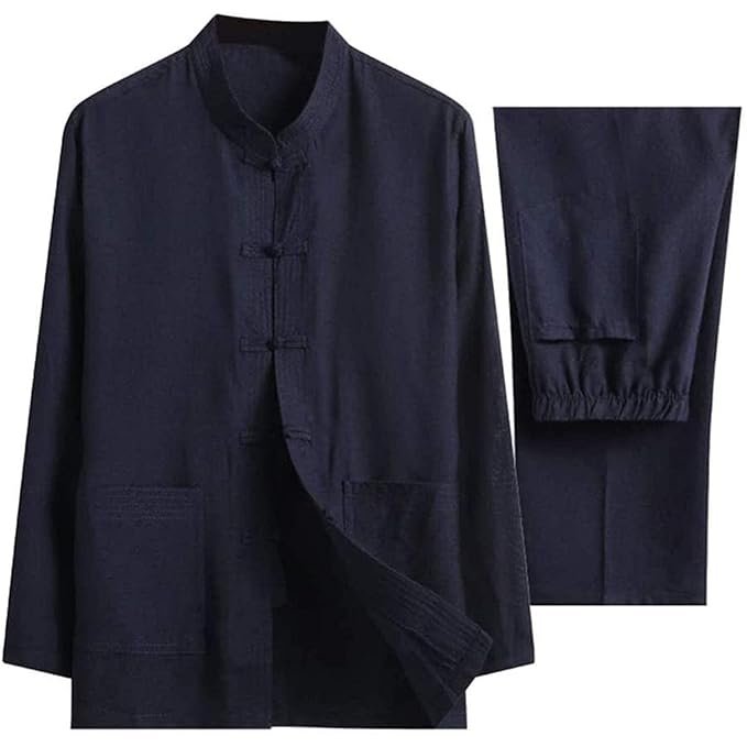 14-1-2.jpg Men Cotton Linen Tai Chi Set Chinese Traditional Tang Suit Martial Arts Clothing Shirts Trousers Tai Chi Kung Fu Uniform Two Pieces Dark blue-Medium - Image 1
