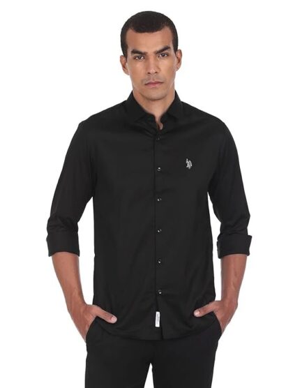 U.S. POLO ASSN. Men's Cotton Stretch Fit Solid Satin Stretch Spread Collar Barrel Cuff Casual Shirt