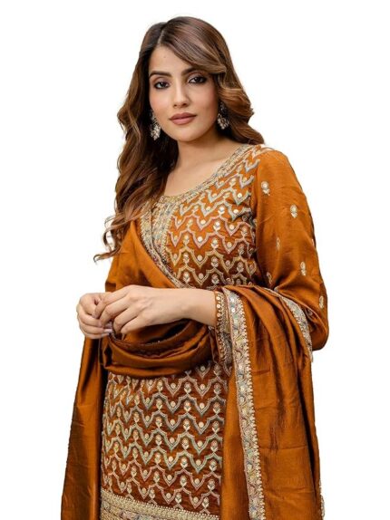 TRENDMALLS Women's Art Silk Sequins Embroidery Salwar Suit Set Kurta Sharara with Dupatta Kurta Palazzo Set