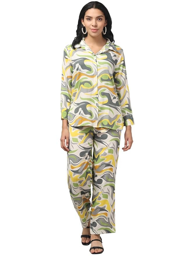 15-2-1.jpg ZUVINO Cord Set For Women In Cotton || Stylish Co Ord Set For Women || Relaxed Fit Shirt & Wide-Leg Pants || Soft & Breathable. - Image 1