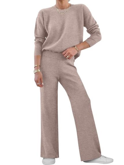 ANRABESS Womens Two Piece Outfits Lounge Sweater Sets Casual Pullover Knit Tops Wide Leg Pants 2024 Fall Clothes