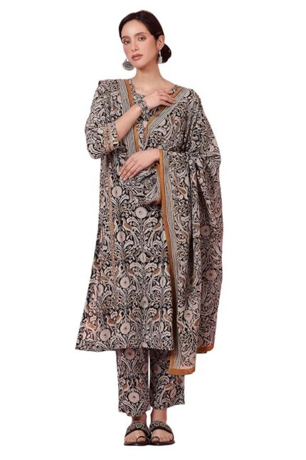 Folksong Women's Dark Espresso Kalamkari Printed Kurta, Pants and Dupatta Set