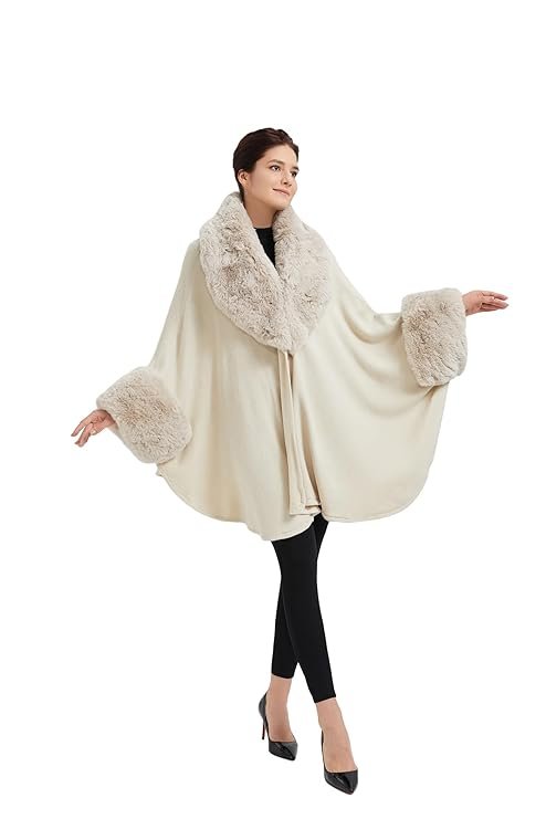 16-3-1.jpg SUFCOMOU Women Cape Poncho with Fur Trim Winter Faux Fur Shawl Wrap Coat Sleeveless Cardigan Cloak - Image 1