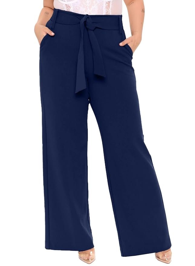 19-2-2.jpg Plussclub Women's Trousers Plus Size Wide Leg Western Stylish Belted Palazzo Pants - Image 1