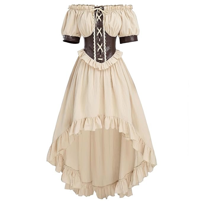 19.jpg FCCAM Renaissance Dress Women Pirate Costume Ruffle Peasant High Low Dress - Image 1