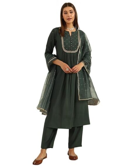 FIORRA Women's Green Viscose Chanderi A-line Kurta with Pant and Dupatta