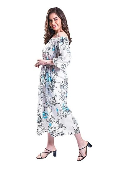 Mala Singh The Sundower Bardot Women's Floral Off-Shoulder Midi Dress, 3/4 Sleeve, White with Black Print, Casual Summer Wear