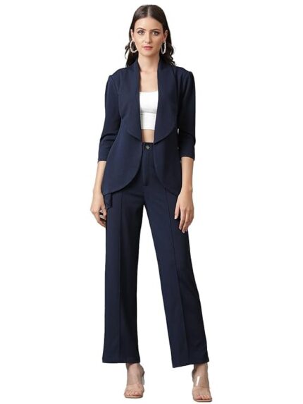KOTTY Women's Solid Relaxed Fit 3/4 Sleeve Co-ord Blazer and Trouser Set.