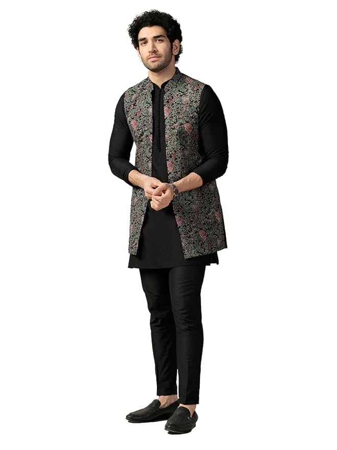 23-5-1.jpg KISAH Men's Kurta Jacket Trouser Set, Multi Cotton Blend, Printed Regular Fit Mandarin Collar Long Sleeves - Image 1