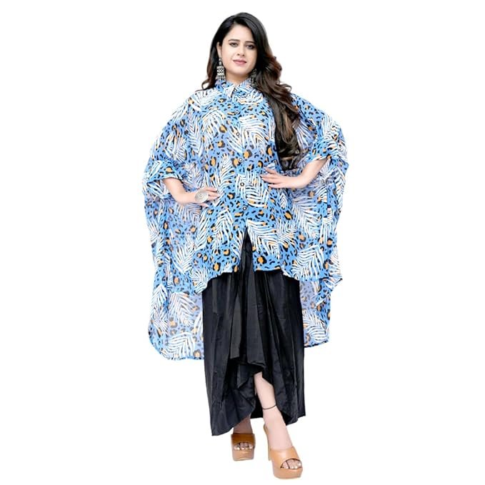 25-9.jpg Women's Tropical Floral Print High-Low Kaftan Tunic with Black Dhoti Skirt - Image 1