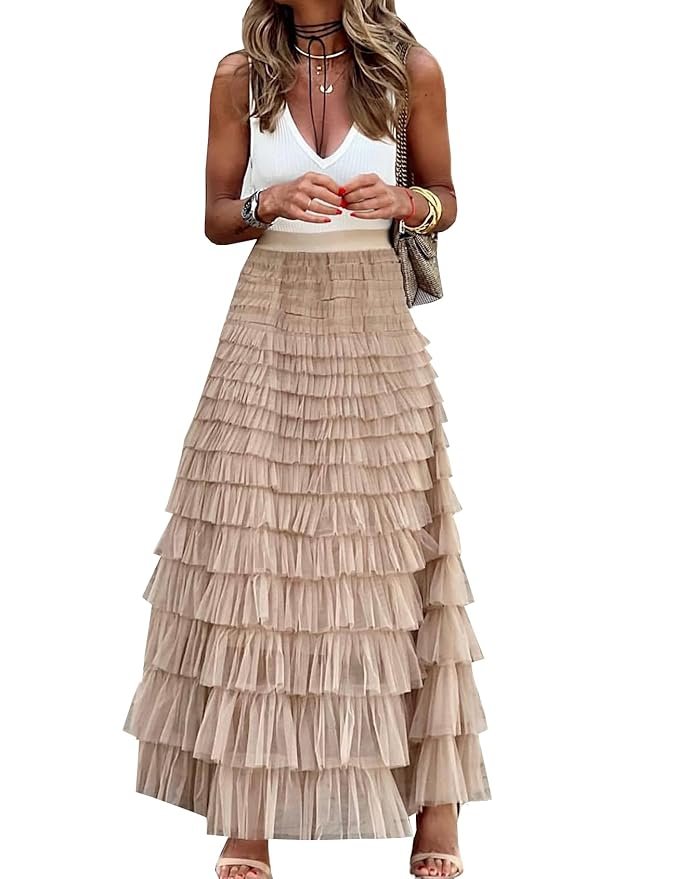 26.jpg Womens Long Maxi Tulle Skirt A Line Ruffle Mesh High Waisted Tiered Layered Skirts Petticoat - Image 1