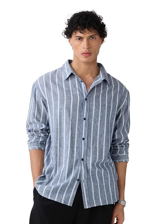 27-5-1.jpg The Souled Store Cotton Linen Stripes: Nautical Men and Boys Long Sleeves Collared Neck Button Front Grey Striped Regular Fit Lightweight Summer Cotton Linen Shirts - Image 1