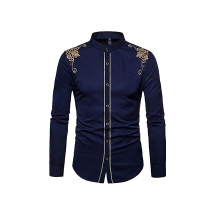 ZAFONI Men Shirts, Spring Style Solid Floral Embroidered Solid Dress Shirts Slim Fit Casual Long Sleeve Shirt