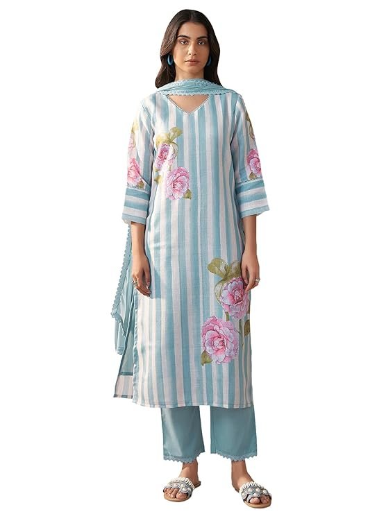 3-5-1.jpg INDO ERA Women's Straight Linen Floral Print with Beads Work Kurta Pant with Dupatta Set - Image 1