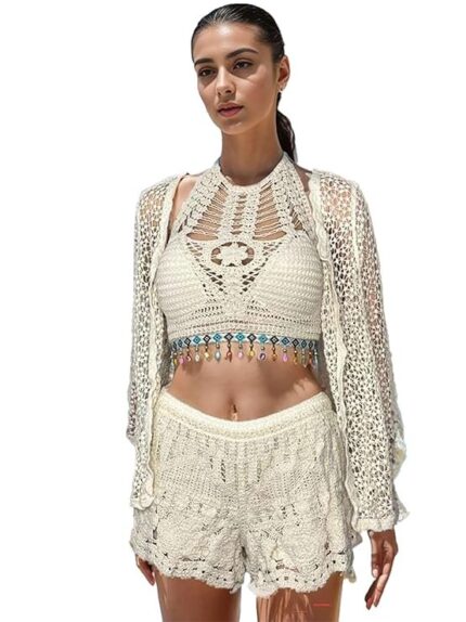 ICW Women's Leisure Boho Crochet Crop Halter Neck Top Backless Lace-up Low Rise Shorts Light Jacket Shorts Cardigan Suit Beachwear Bikini Set Three-Peice Swimsuit Co-ord Set