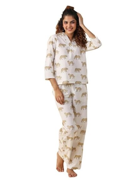 SAY Night Suit for Womens Printed White Pure Cotton Top with Trousers