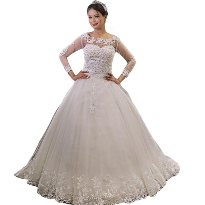 31-3-1.jpg GOWNLINK White Full Stitched with Layers Christian Wedding Catholic Wedding White Train Gown Wedding Dress in White Frock Women with Sleeves GL8020T - Image 1