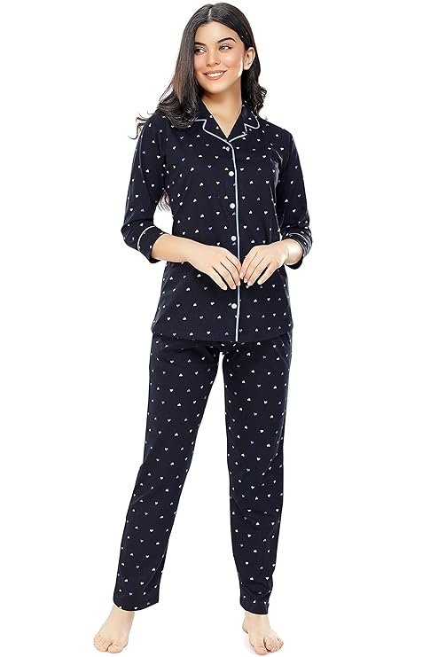 31-5-1.jpg ZEYO Women's Cotton Heart Printed Night Suit set of Shirt & Pajama - Image 1