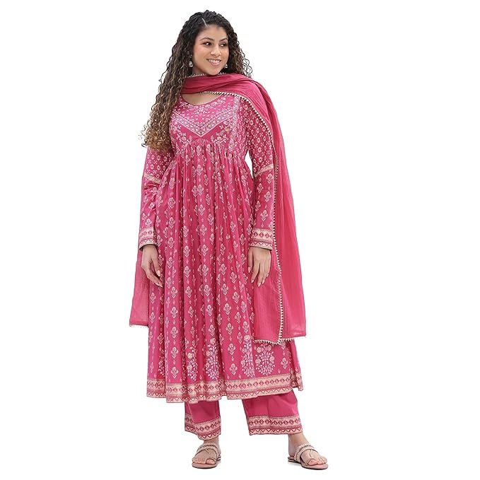32-2-1.jpg BIBA Women Cotton Printed Anarkali Suit Set - Image 1