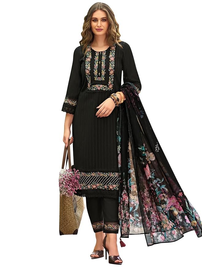 32-4-1.jpg INDO ERA Women's Straight Linen Floral Embroidered Kurta Pant with Dupatta Set - Image 1