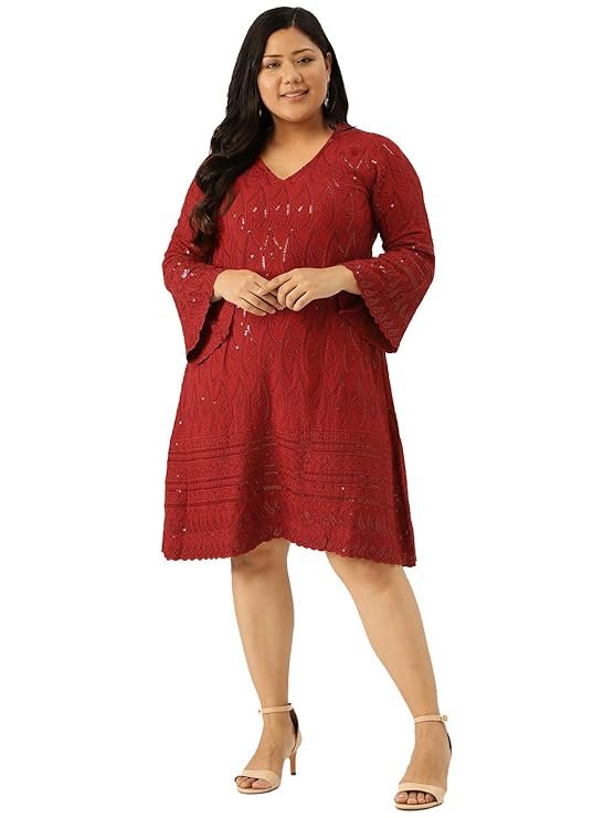 32-6.jpg theRebelinme Plus Size Women's 4714QC_Red Solid Color Embroidered & Sequinned A-Line Dress - Image 1