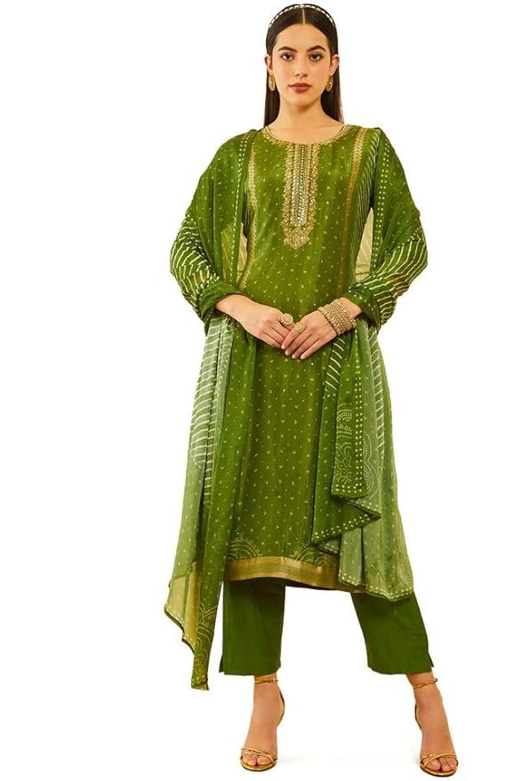 34-2-1.jpg Soch Womens Brocade Bandhani Printed Suit Set with Mirror Work - Image 1