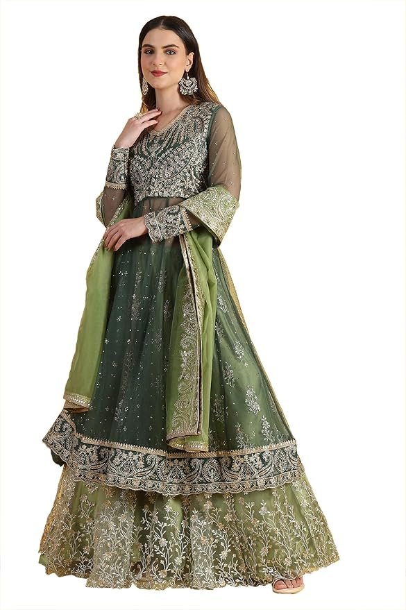 34-4-1.jpg Wishful Women's Green Metallic Embroidery Mesh Flared Kurta & Skirt with Dupatta Set - Image 1
