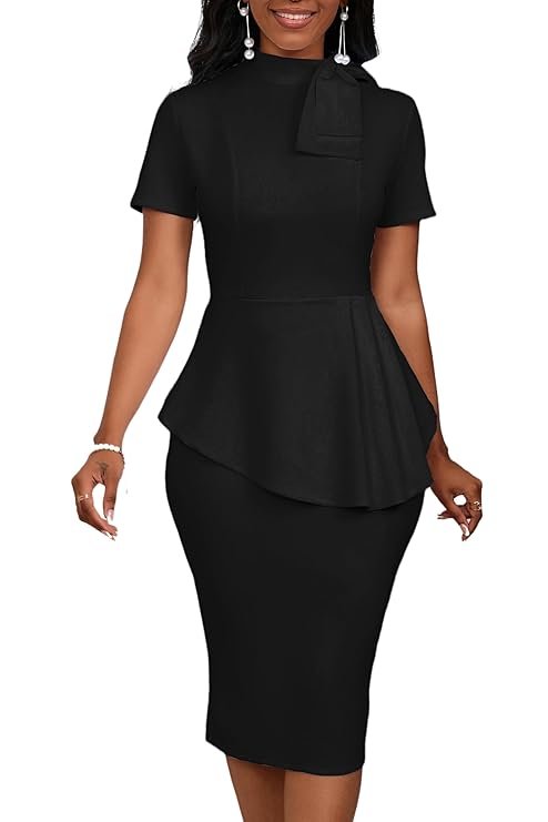34.jpg Women's Fashion Peplum Bodycon Short Sleeve Work Dresses Bow Club Ruffle Pencil Formal Cocktail Dress - Image 1