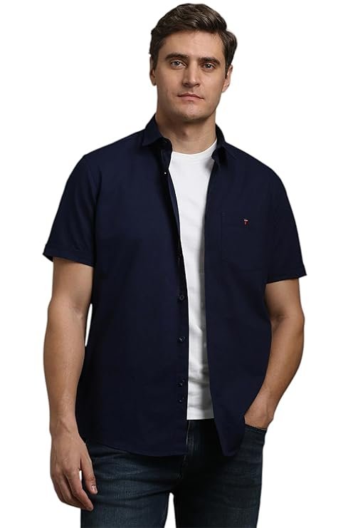 38-1-1.jpg Louis Philippe Men's Textured Premium Cotton Slim fit Linen Blend Half Sleeve Casual Shirt with Soft Hand Feel - Image 1