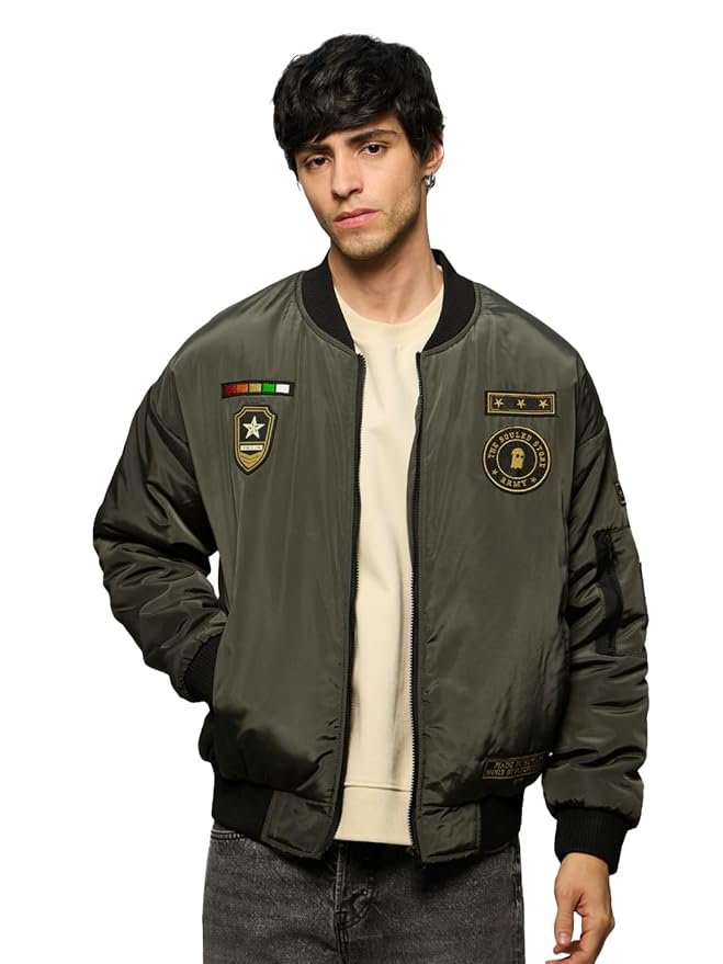 38-1.jpg The Souled Store Bomber Jacket: Souled Army Men and Boys Long Sleeves Band Collar Zipper Front Olive Embroidered Polyester Oversized Puffer Jackets - Image 1