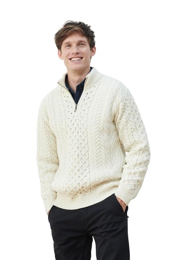 38-5-1.jpg Men's Merino Wool Aran 1/2 Zipper Sweater - Image 1