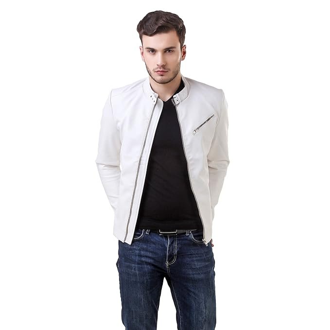 39-1.jpg Leather Retail Faux Leather Men's White Solid Biker Jacket - Image 1