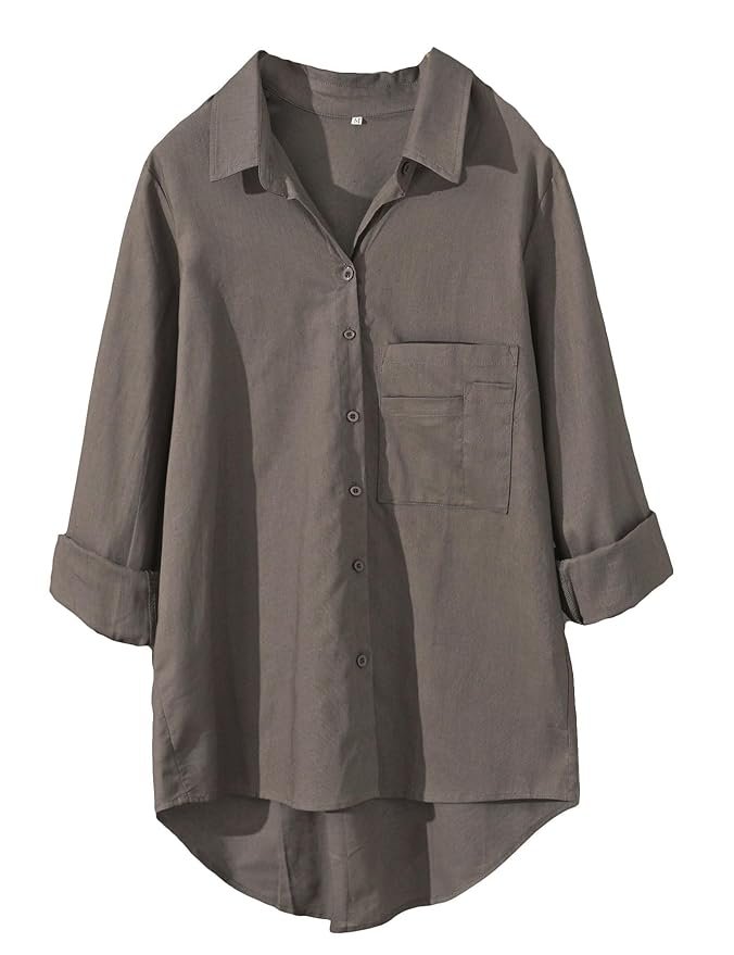 40-7.jpg Minibee Women's Casual Cotton Linen Blouse Plus Size High Low Shirt Long Sleeve Tops - Image 1