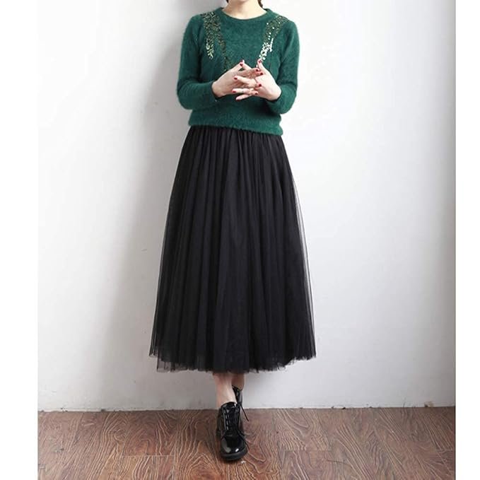 42.jpg LBKKC Women's Midi Tulle Skirt Elastic Waist 3 Layered Mesh Formal Prom Party Tutu Skirt A Line - Image 1