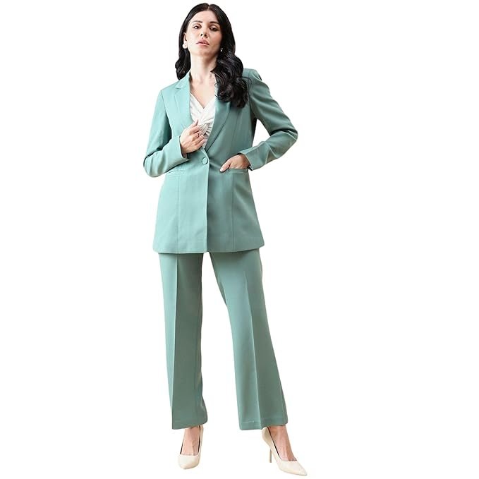 44.jpg Powersutra Women's Sage Green Notch Collar Stretch Suit with Blazer & Trousers | Single-Breasted | Button Closure | Elastic Waist Pants - Image 1