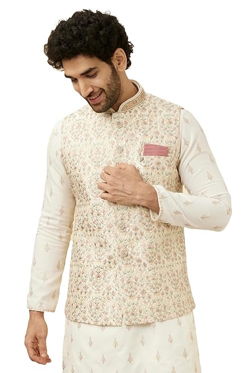 45-2-1.jpg Manyavar Men's Art Silk Zardosi|Embroidered Nehru Jacket - Image 1