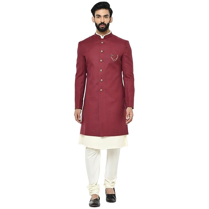 46-2-1.jpg KISAH Men Maroon Solid Kurta Indo-Western Sherwani Set Indo-Western, Full Sleaves, Knee Length, Straight, Regular Fit, Mandarin Collar Ethnic wear - Image 1
