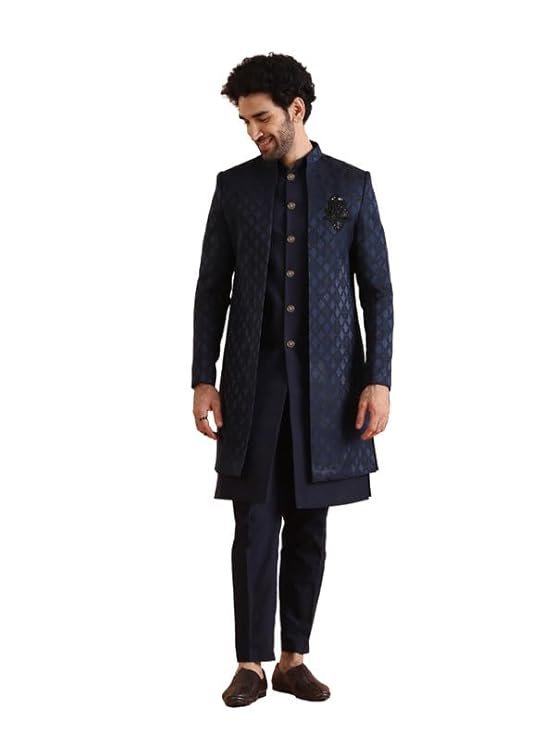 46-5.jpg KISAH Mens Jacket Sherwani Trouser Set|Silk Blend Fabric Jacquard Pattern Indo-Western Sherwani Set for Men|Regular Fit Mandarin Collar Long Sleeves - Image 1