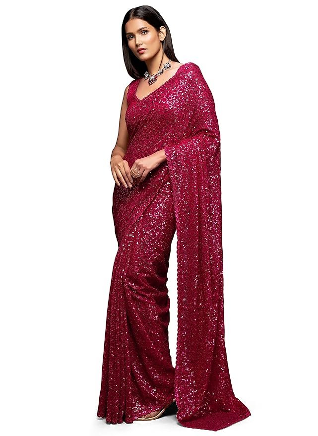 5-1-1.jpg Zeel Clothing Women's Sequins Work Heavy Georgette Saree with Blouse - Image 1