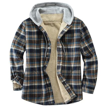 Derbars Men's Cotton Plaid Shirts Jacket Fleece Lined Flannel Shirts Sherpa Button Down Jackets with Hood for Men