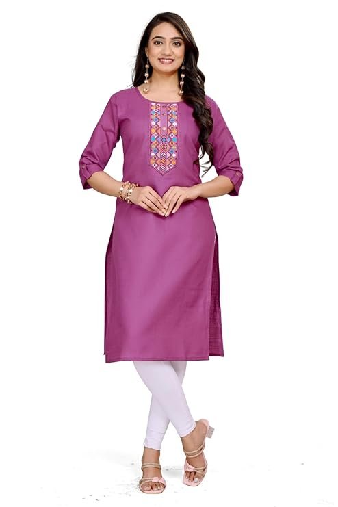 54-1.jpg Women's Purple Embroidered Cotton Kurti, Traditional Indian Style, 3/4 Sleeve Casual Wear - Image 1