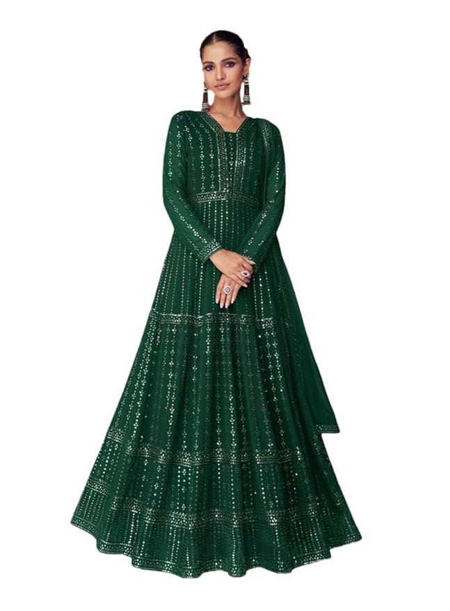 56-2.jpg Miss Ethnik Women's Faux Georgette Stitched Top With Unstitched Santoon Bottom and Dupatta Full Sleeve Embroidered Anarkali Gown - Image 1