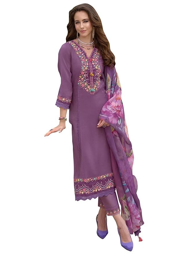 58-2.jpg INDO ERA Women's Silk Blend Embroidered A-Line Kurta and Pant with Dupatta Set - Image 1