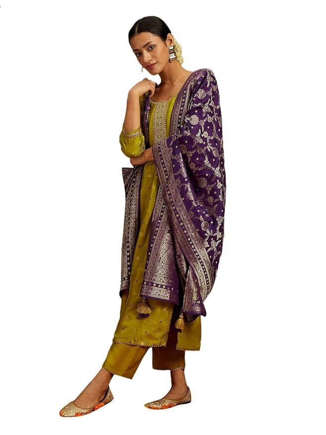 6-5-1.jpg Libas Green Self Design Silk Straight Kurta With Trousers & Dupatta - Image 1